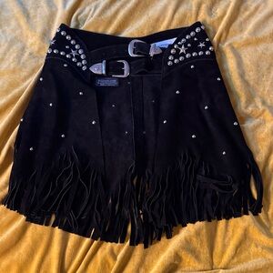 Understated Leather Black Skirt-Chaps with Fringe and Studs